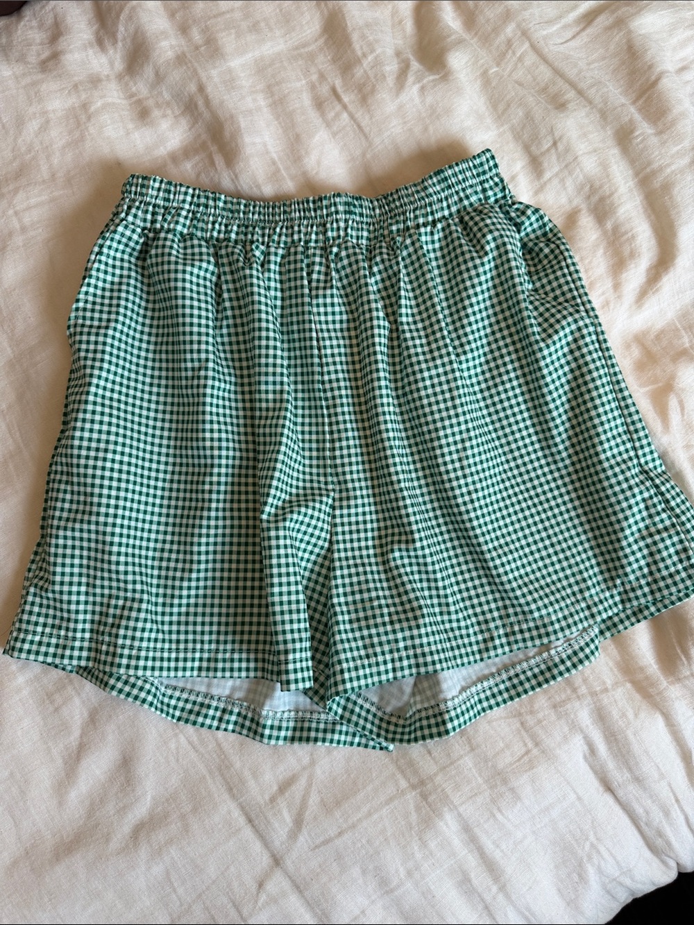 Green Gingham Elastic Waist Women's Shorts